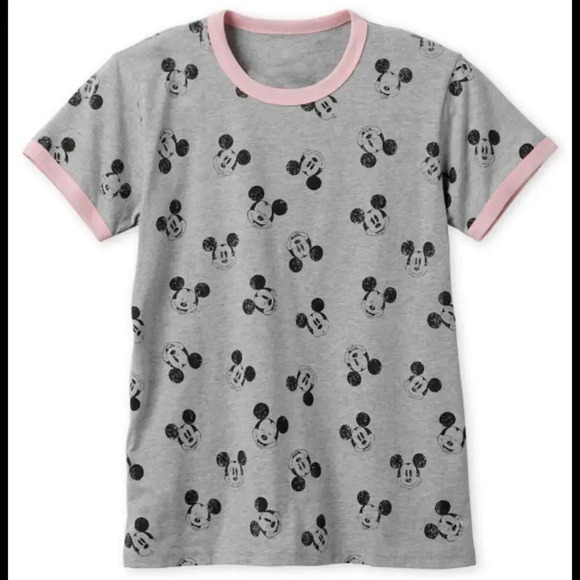 Disney Mickey Mouse Allover Ringer T-Shirt for Women Size Large NWOT Gray Pink - Picture 2 of 15